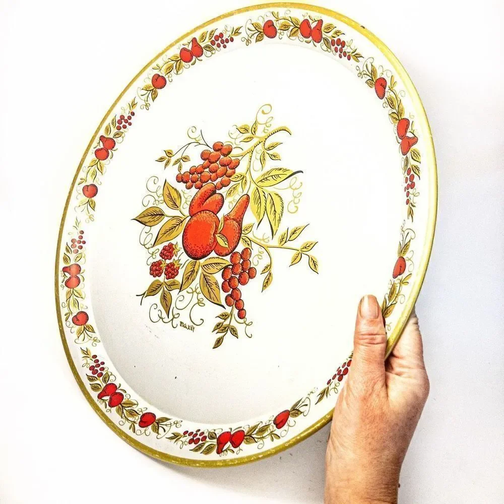 VTG Signed Maxey Fruit & Floral Round Metal Serving Tray 16”